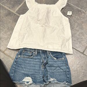 Girls Old Navy White Tank Top and Blue Denim Distressed Shorts Kids Matching Set